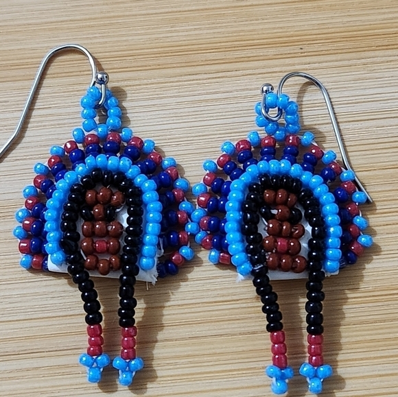 Handmade Jewelry - Handmade Native American Earrings Headdress Blue Red Brown Beaded Pierced